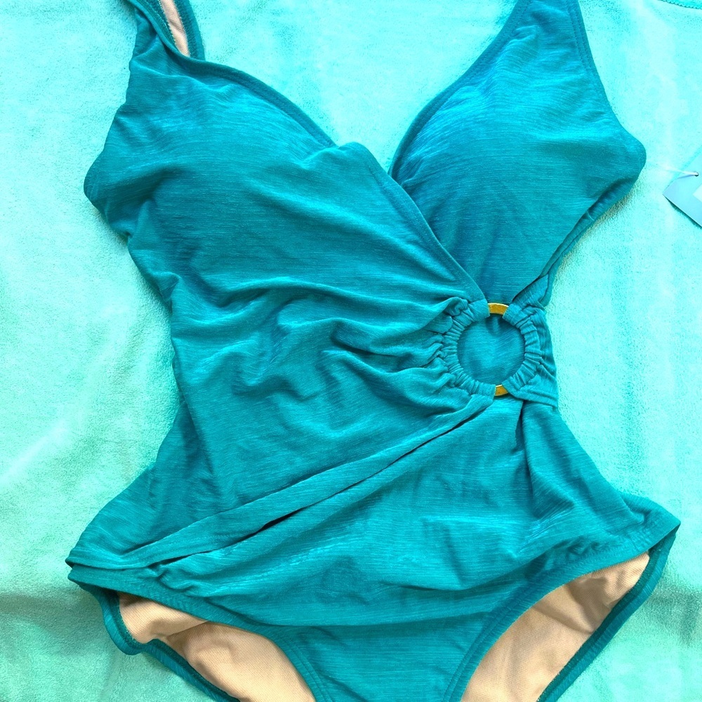 So Flattering! Beach Bay Wrap Top, Gold Metal Circle Grommet-Teal 1 pc Swim Suit